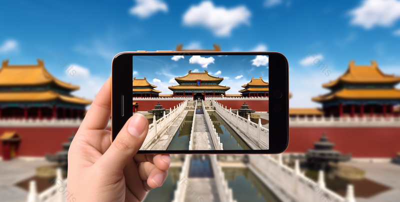 蓝天下手拿手机拍摄古建筑景点拍摄,高清,摄影图,摄影图片,图片大全,摄影图免费下载